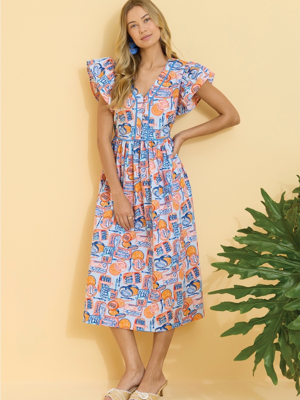 crown & ivy Coral and Blue Printed Flutter-Sleeve Midi Dress